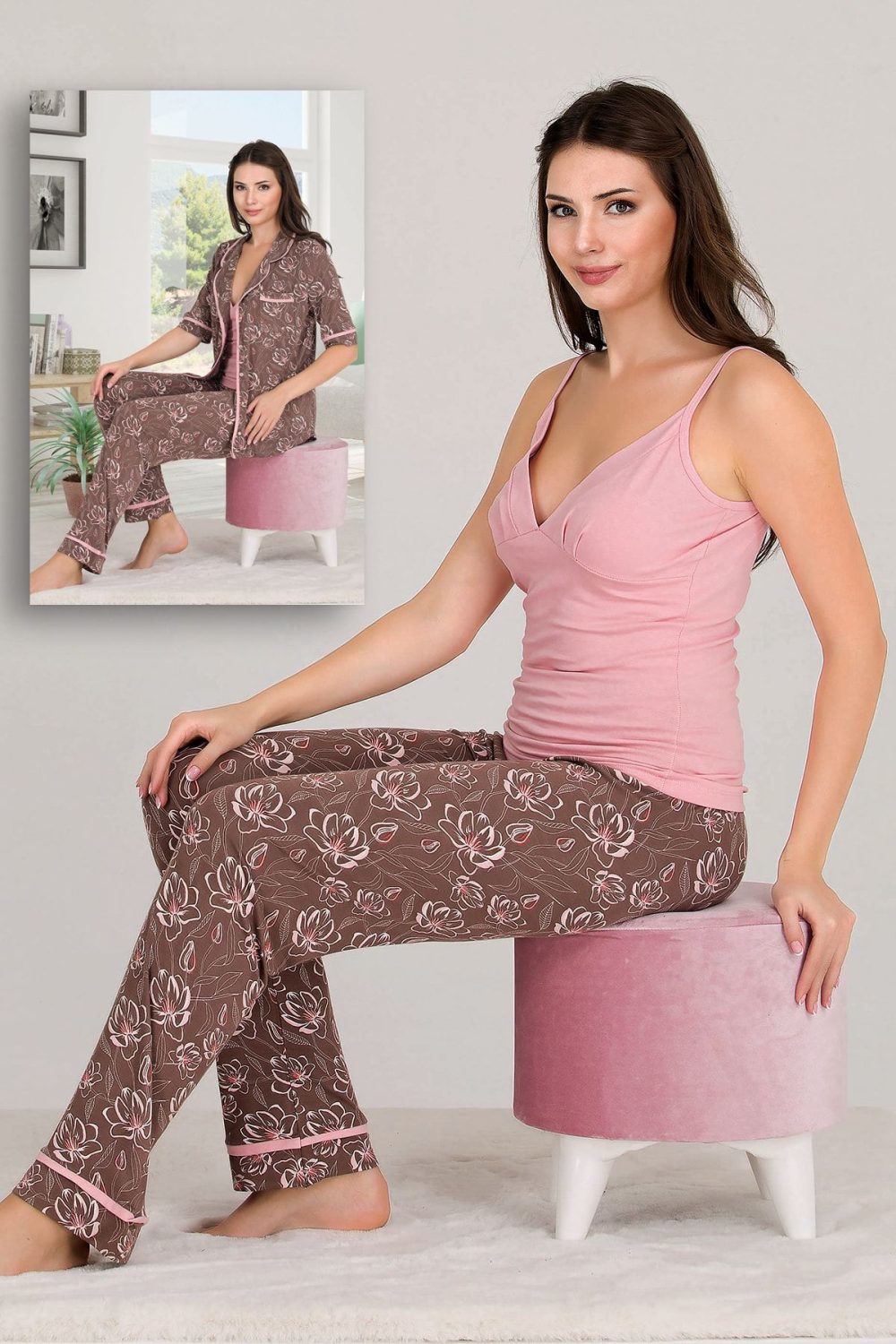 Lady Desenli Viskon Kumaş Kısa Kollu Gömlekli Ve Askılı 3 lü Pijama Takımı 20008 - Görsel 2