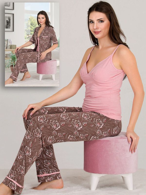 Lady Desenli Viskon Kumaş Kısa Kollu Gömlekli Ve Askılı 3 lü Pijama Takımı 20008 - Görsel 2
