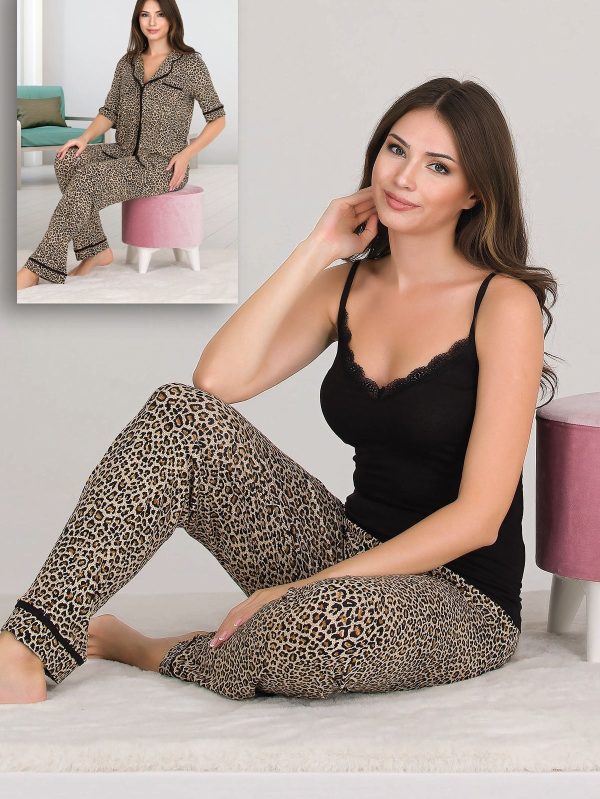 Lady Desenli Viskon Kumaş Kısa Kollu Gömlekli Ve Askılı 3 Lü Pijama Takımı 20002 - Görsel 2