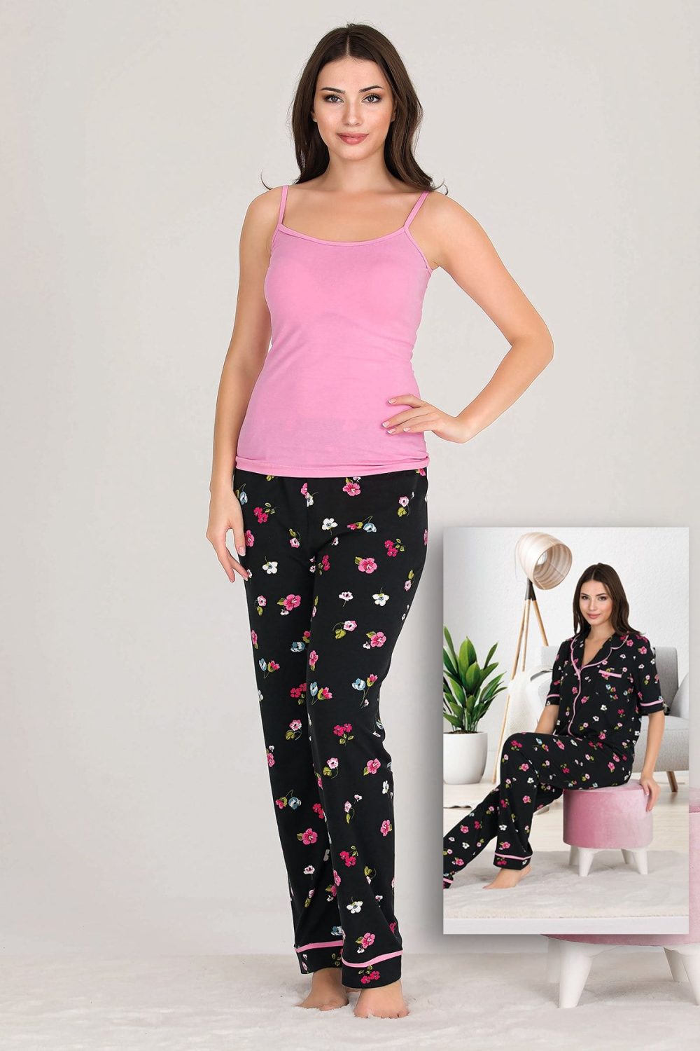 Lady Çiçekli Viskon Kumaş Kısa Kollu Gömlekli Ve Askılı 3 Lü Pijama Takımı 20003 - Görsel 2