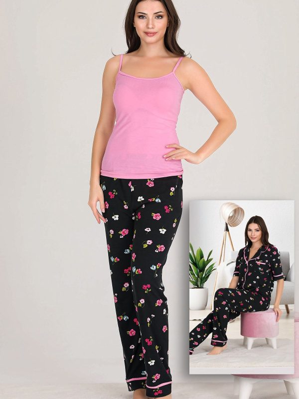 Lady Çiçekli Viskon Kumaş Kısa Kollu Gömlekli Ve Askılı 3 Lü Pijama Takımı 20003 - Görsel 2