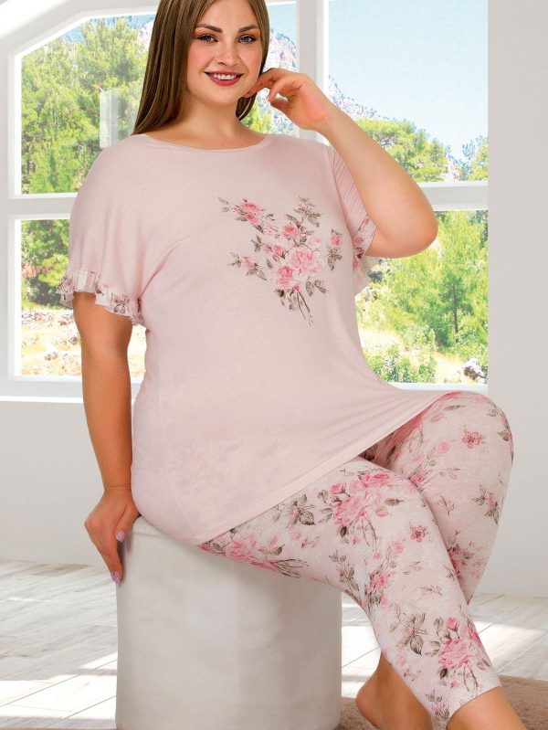 Lady Büyük Beden Kısa Kollu Çiçek Desenli Kapri Pijama Takımı 10658 - Görsel 2