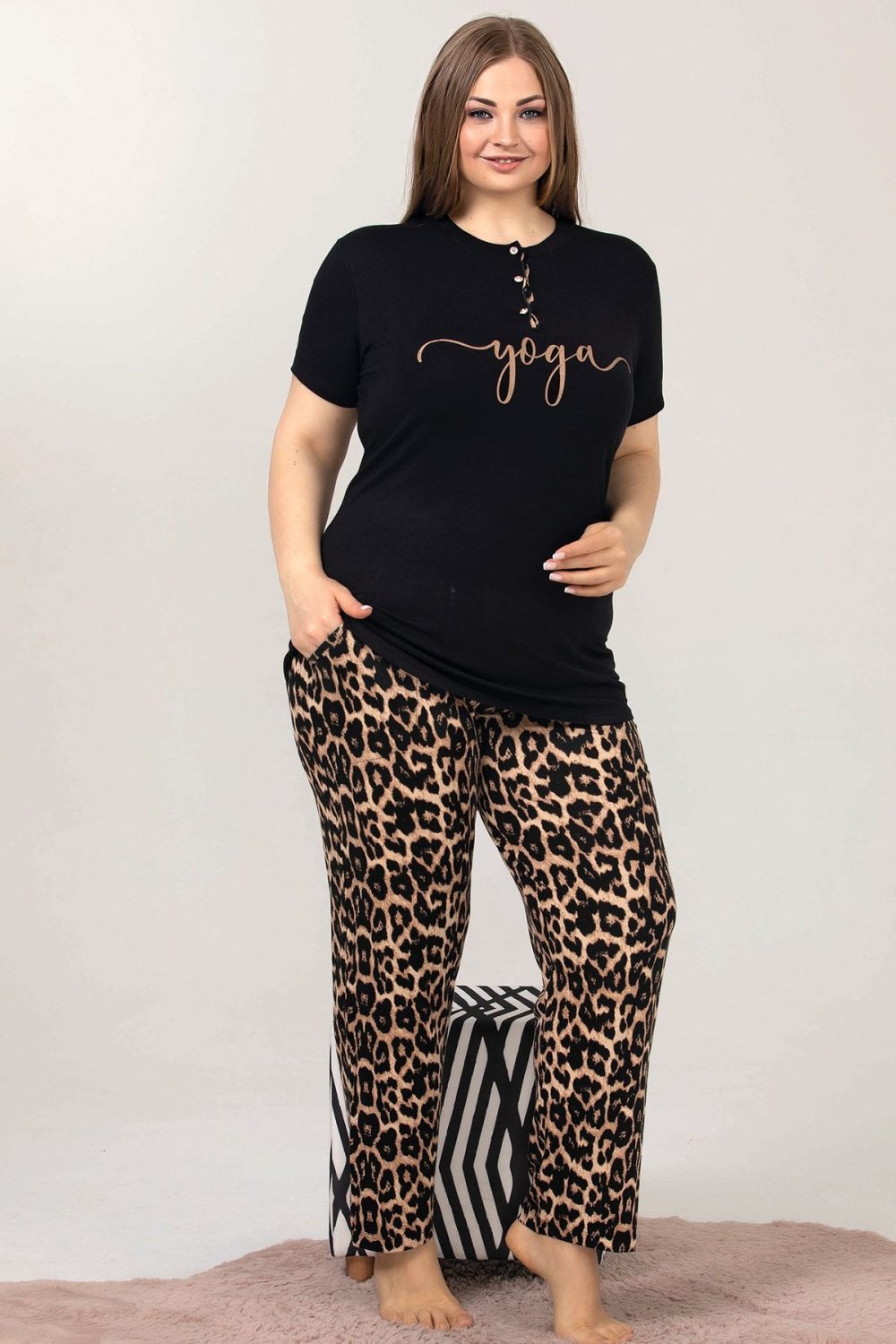 Lady Büyük Beden Kısa Kollu Uzun Pijama Takımı 10850 - Görsel 2