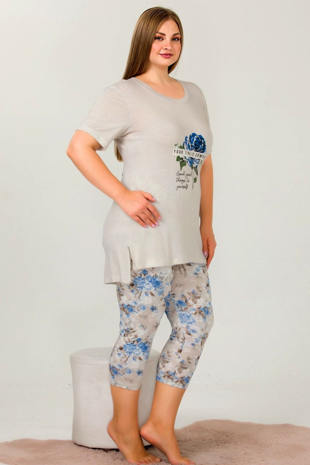 Lady Büyük Beden Kısa Kollu Kapri Pijama Takımı 10664 - Görsel 2