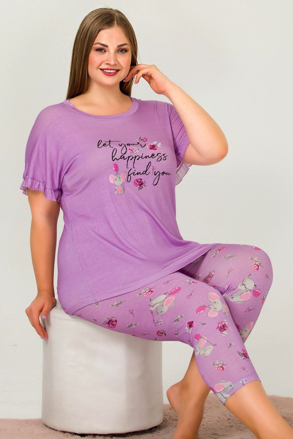 Büyük Beden Kısa Kollu Kapri Pijama Takımı - Görsel 2