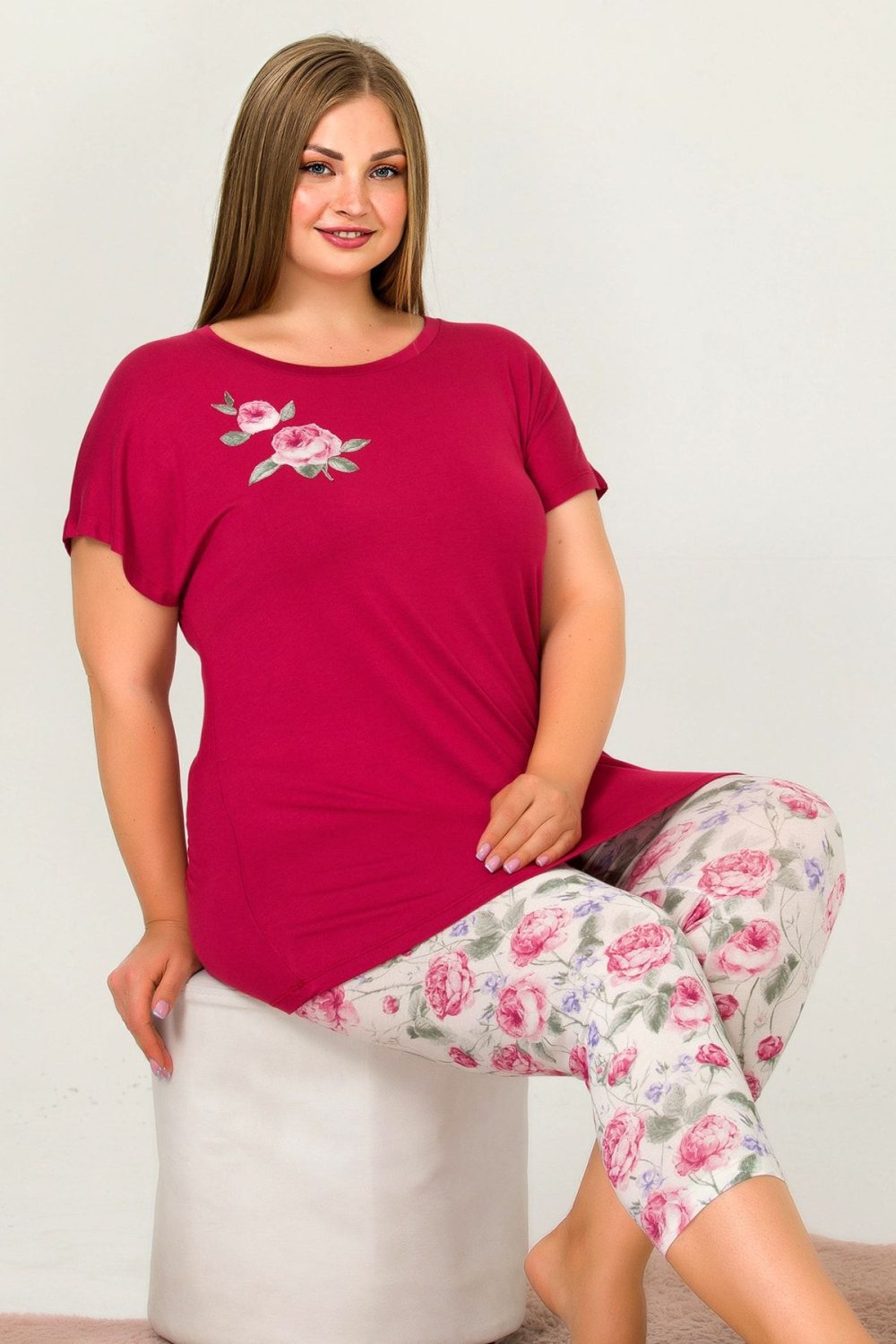 Lady Büyük Beden Kısa Kollu Kapri Pijama Takımı 10641 - Görsel 2