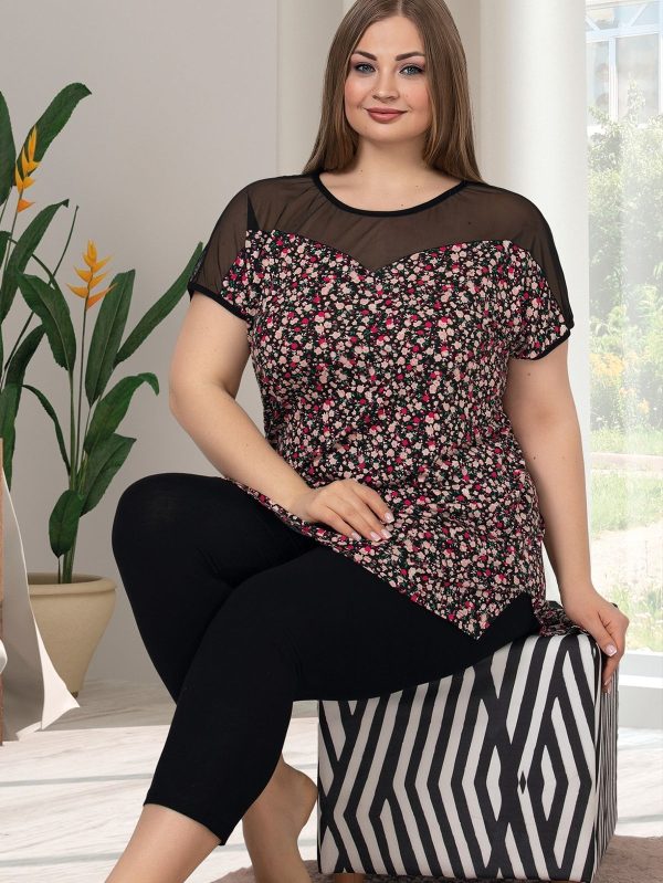 Lady Kısa Kollu Büyük Beden Kapri Pijama Takımı 10634 - Görsel 2