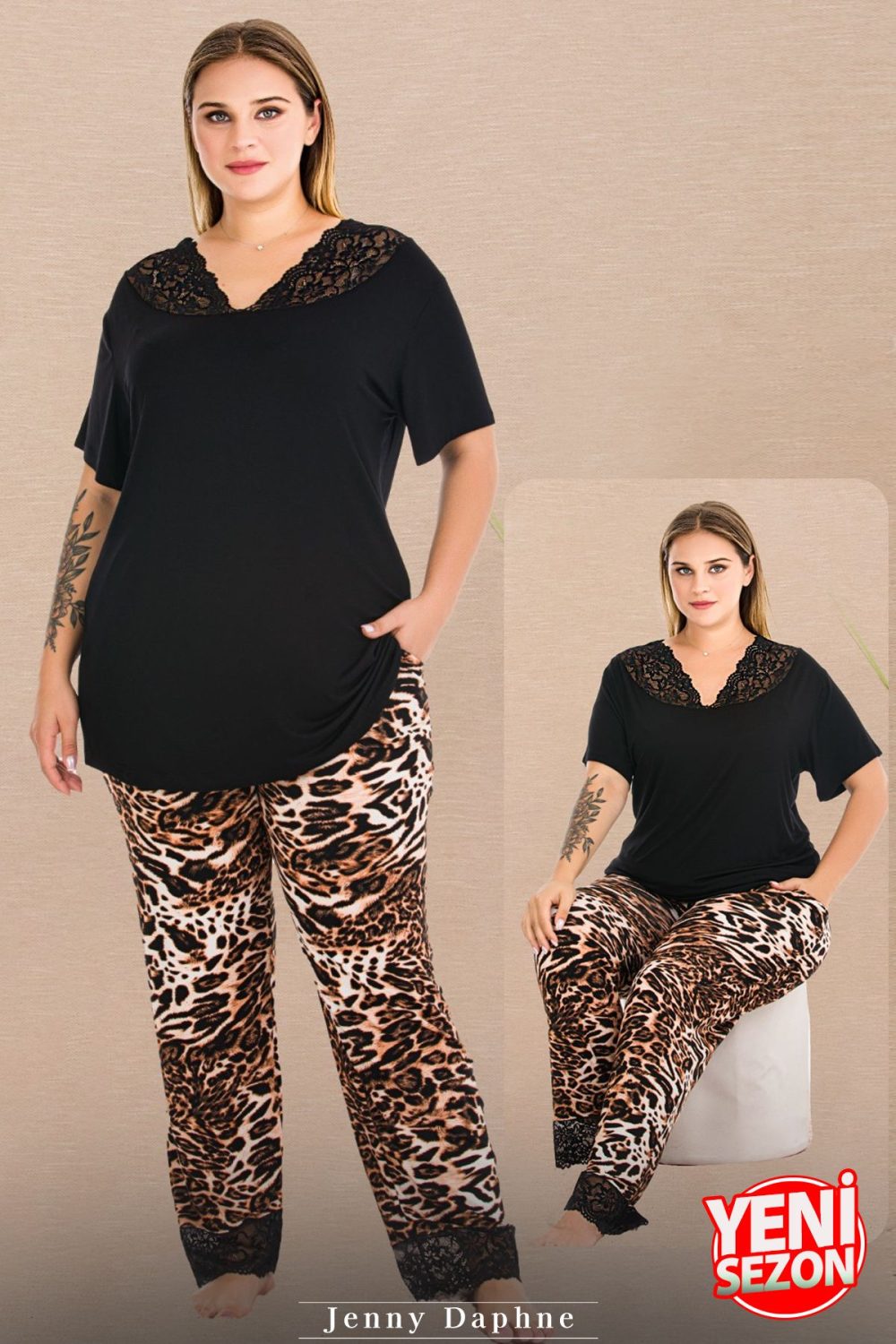 Lady Büyük Beden Leopar Desenli Dantel Paça Pijama V Yaka Dantelli Kısa Kollu Pijama Takımı 11006
