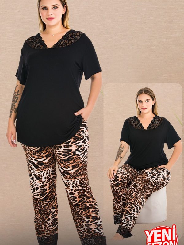 Lady Büyük Beden Leopar Desenli Dantel Paça Pijama V Yaka Dantelli Kısa Kollu Pijama Takımı 11006 - 3XL