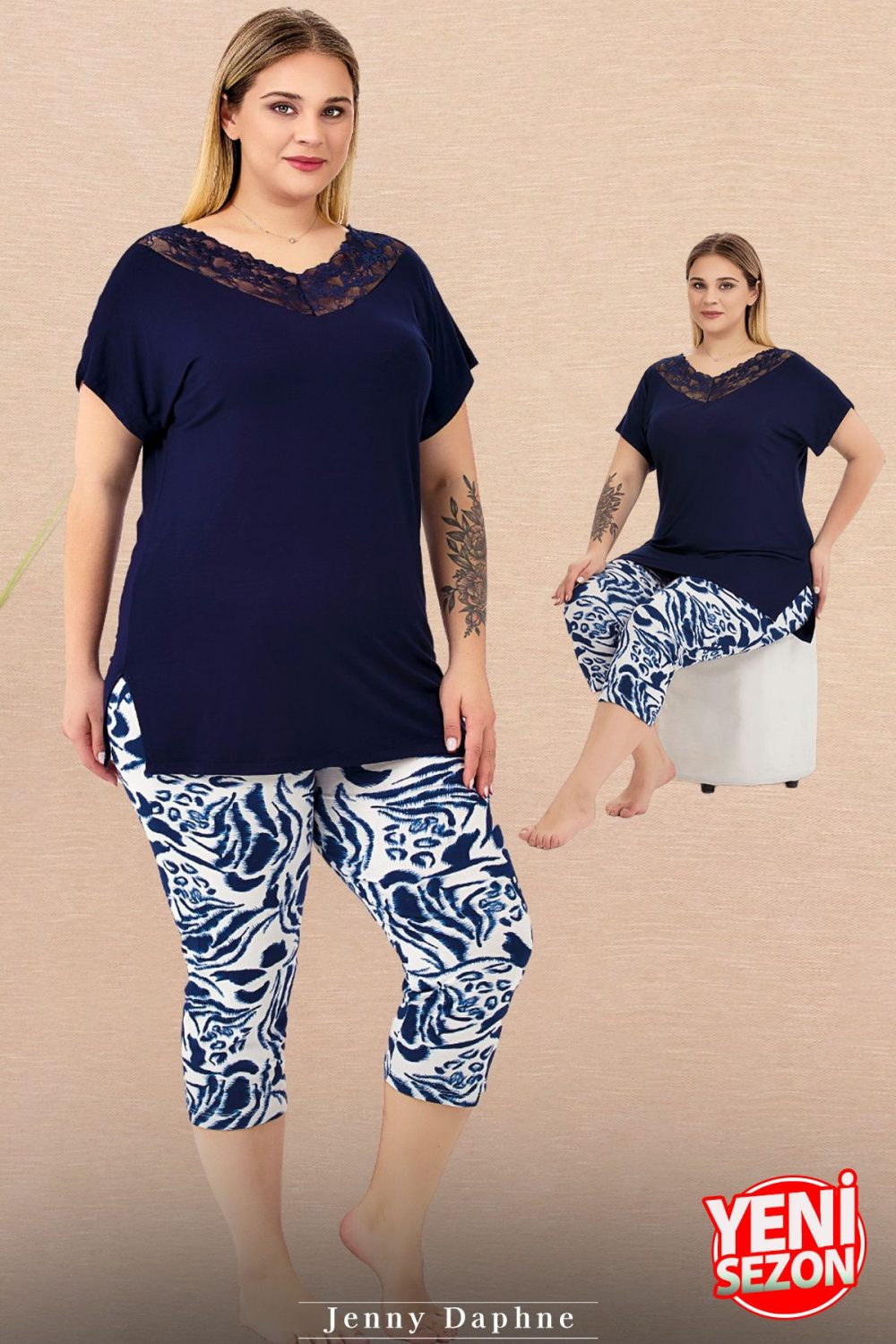 Büyük Beden Çiçek Desenli Alt Dantel Yaka Kısa Kollu Kapri Pijama Takımı 10734
