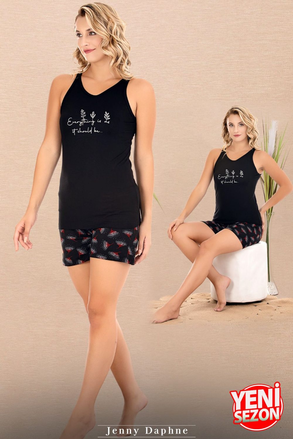 Lady Viskon Kumaş Çiçek Desenli Şort Sıfır kollu Tişort Yeni Sezon Şortlu Pijama Takımı 7733