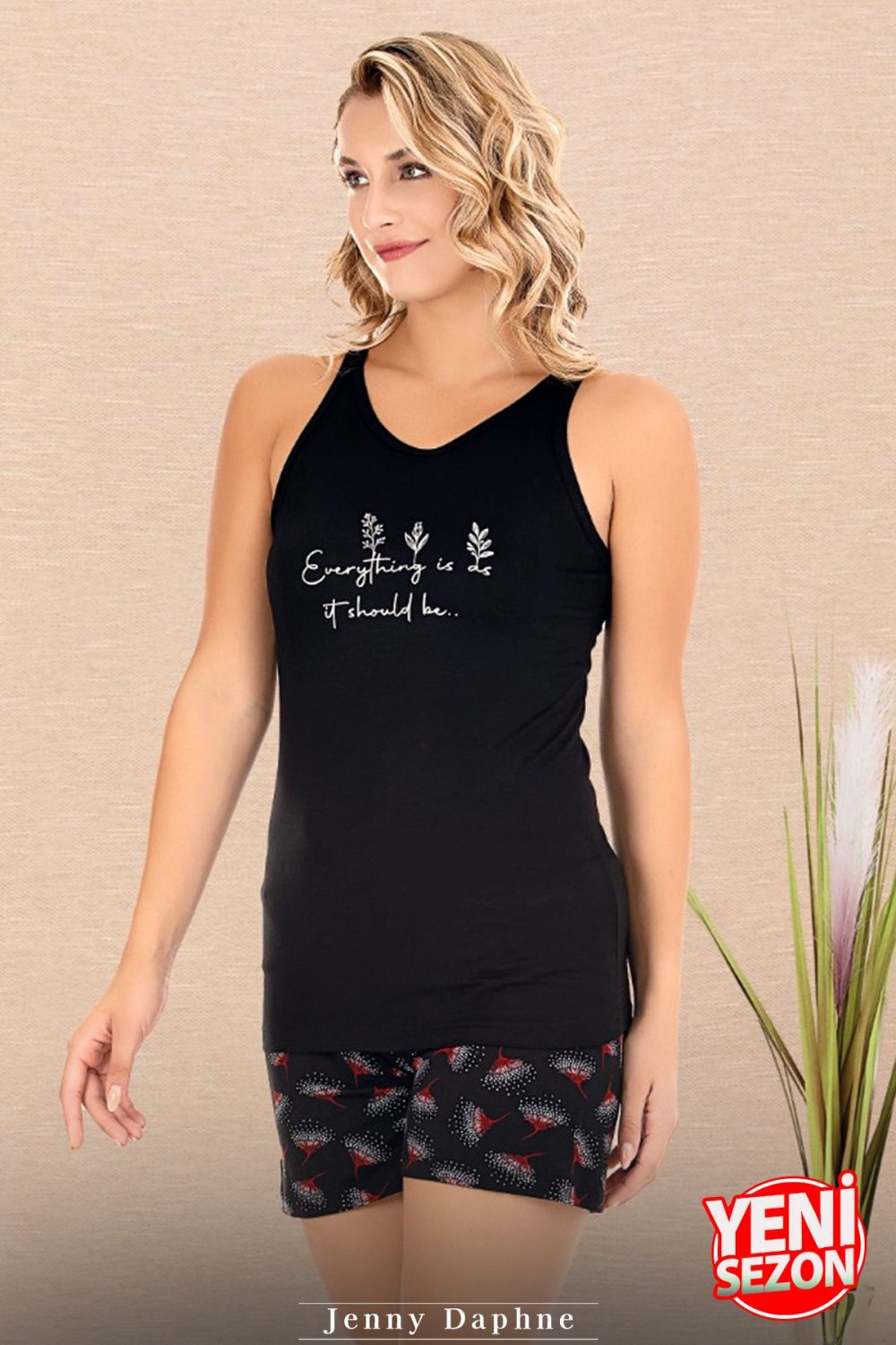 Lady Viskon Kumaş Çiçek Desenli Şort Sıfır kollu Tişort Yeni Sezon Şortlu Pijama Takımı 7733 - Görsel 2
