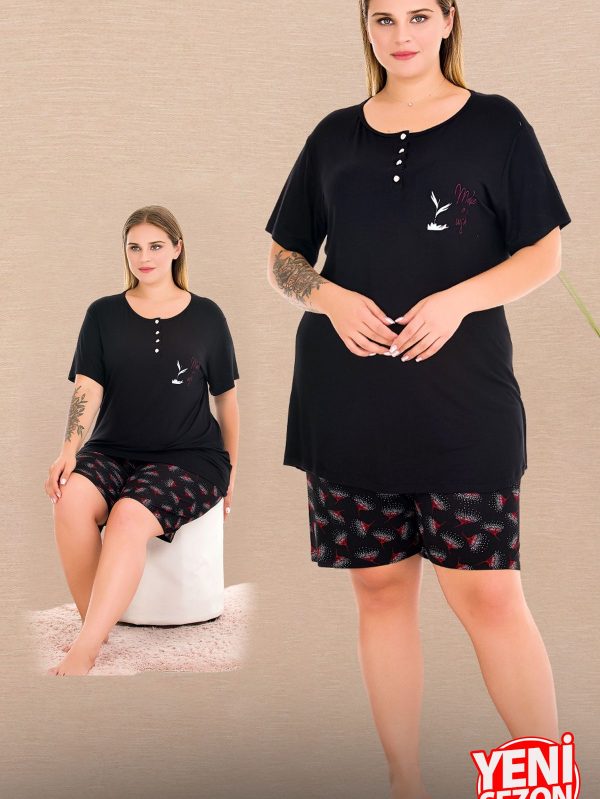 Lady büyük beden Çiçek Desenli Şort Düğmeli Yaka Kısa Kol şortlu pijama takımı 10440 - 3XL