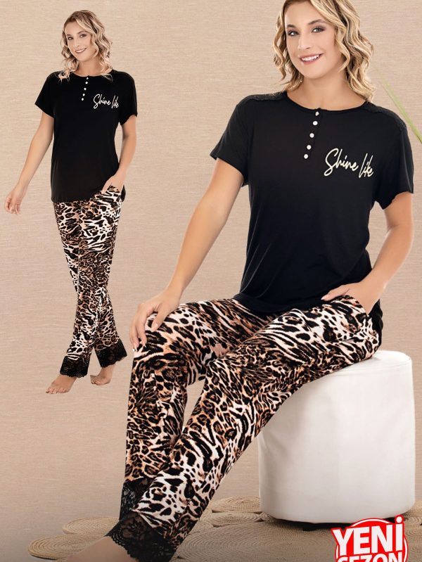 Lady Leopar Desenli Paçaları Dantelli Pijama Düğmeli Yaka Kısa Kollu Pijama Takımı 12598 - XL