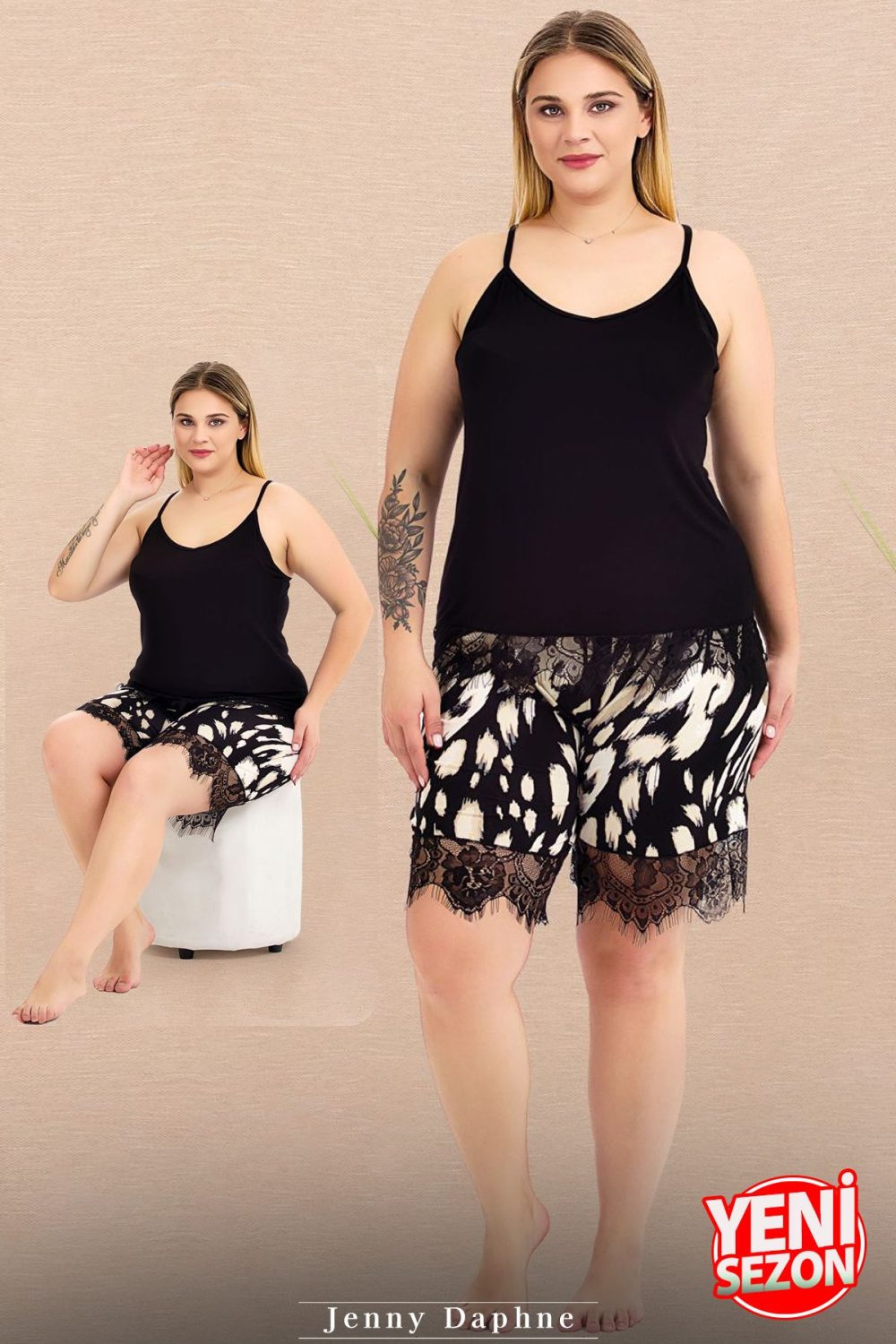 Lady büyük beden Desenli Şort Askılı Sıfır Kol Dantelli şortlu pijama takımı 10425