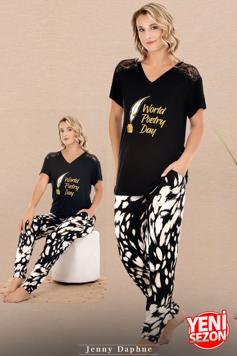 Lady Desenli Pijama Omuzlar Dantelli V Yaka Kısa Kollu Pijama Takımı 12589