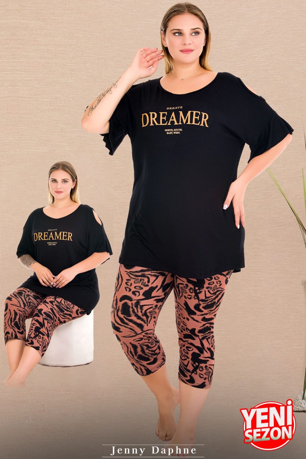 Lady Büyük Beden Desenli Bisiklet Yaka Omuzlar Açık Detaylı Kısa Kollu Kapri Pijama Takımı 10733
