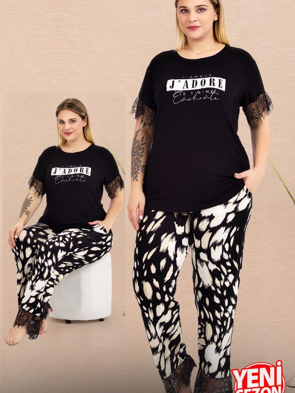 Lady Büyük Beden Desenli Kol ve Bacakları Dantelli Bisiklet Yaka Kısa Kollu Pijama Takımı 10980 - 2XL