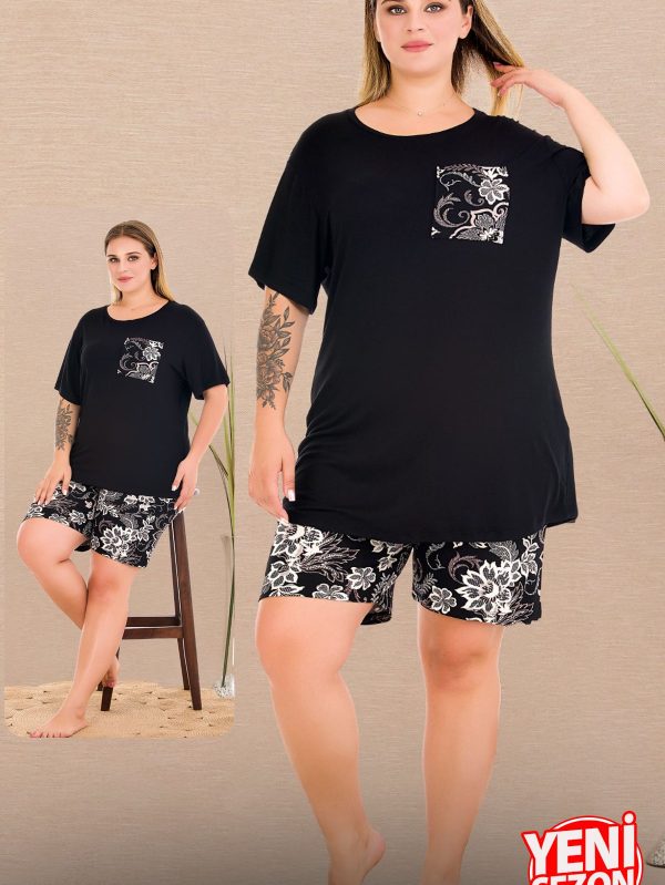 Lady büyük beden Çiçek Desenli Şort Bisiklet Yaka Kısa Kol şortlu pijama takımı 10437 - 3XL
