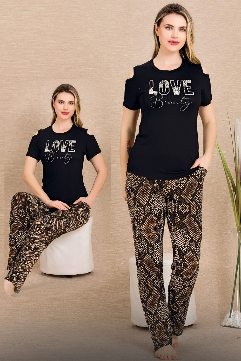 Lady Desenli Pijama Omuzlar Açık Detaylı Bisiklet Yaka Kısa Kollu Pijama Takımı 12664