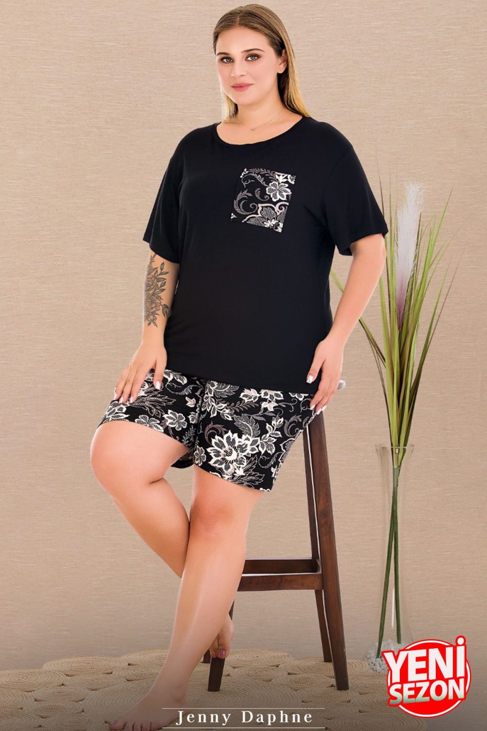 Lady büyük beden Çiçek Desenli Şort Bisiklet Yaka Kısa Kol şortlu pijama takımı 10437 - Görsel 3