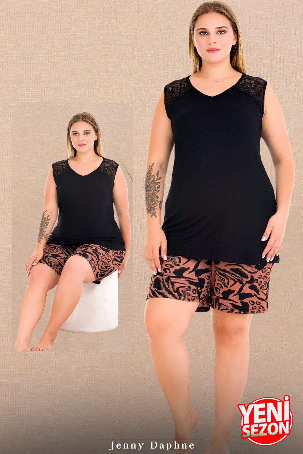 Lady büyük beden Desenli Şort V Yaka Sıfır Kol şortlu pijama takımı 10441