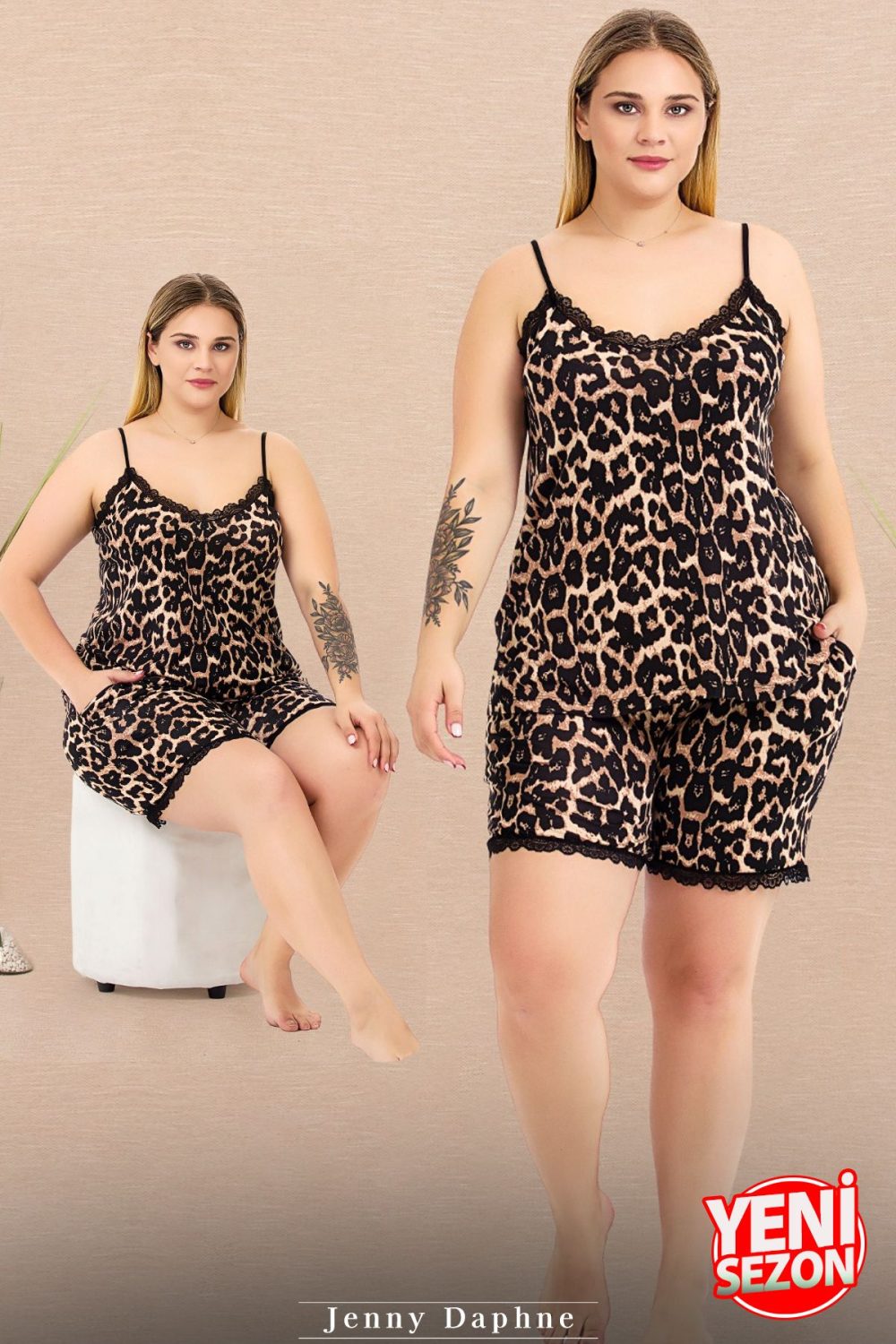 Lady büyük beden Leopar Desenli Şort İnce Askılı şortlu pijama takımı 10444