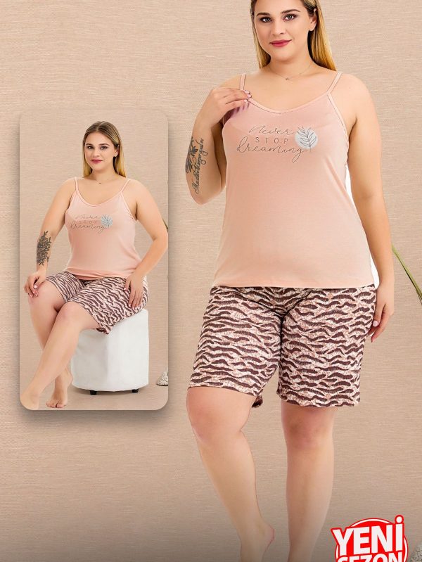 Lady büyük beden zebra tasarımlı askılı kolsuz şortlu pijama takımı 10430 - 4XL