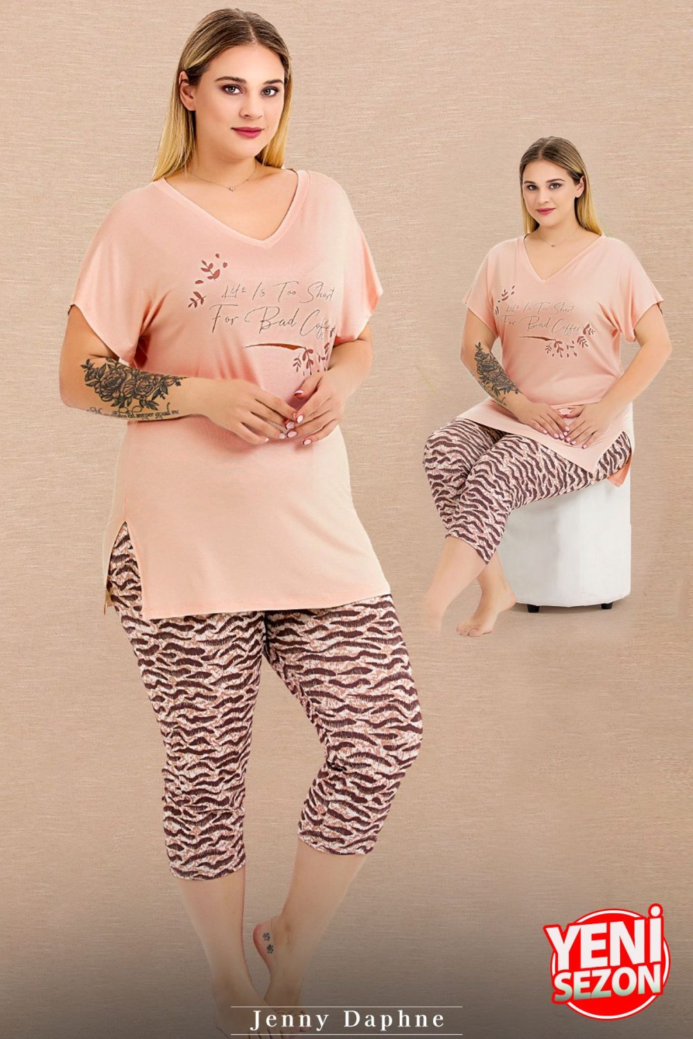Lady Büyük Beden Zebra Desenli V Yaka Kısa Kollu Kapri Pijama Takımı 10722