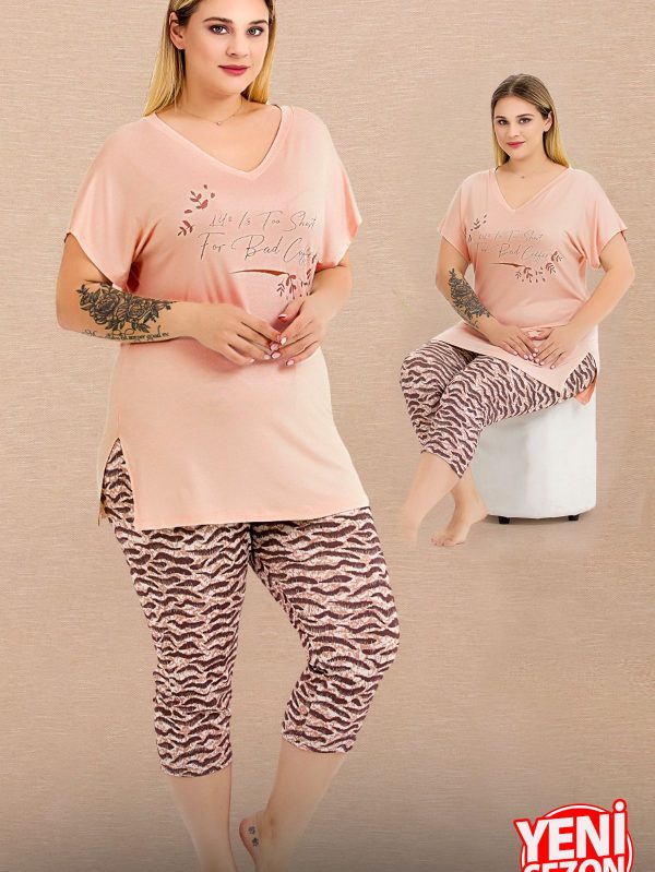 Lady Büyük Beden Zebra Desenli V Yaka Kısa Kollu Kapri Pijama Takımı 10722 - 2XL