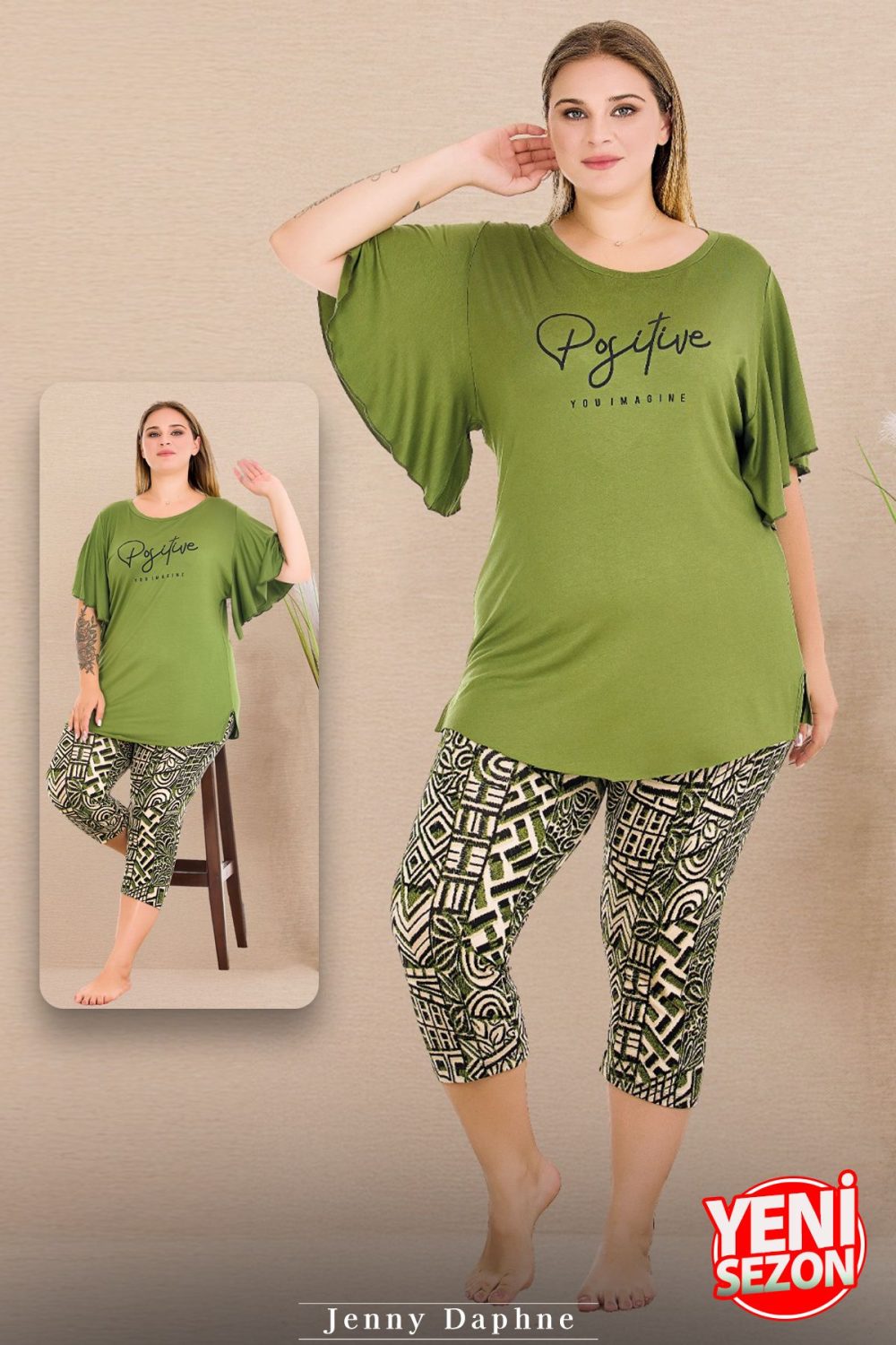 Lady Büyük Beden Desenli Rahat Kısa Kollu Kapri Pijama Takımı 10721 - Görsel 2