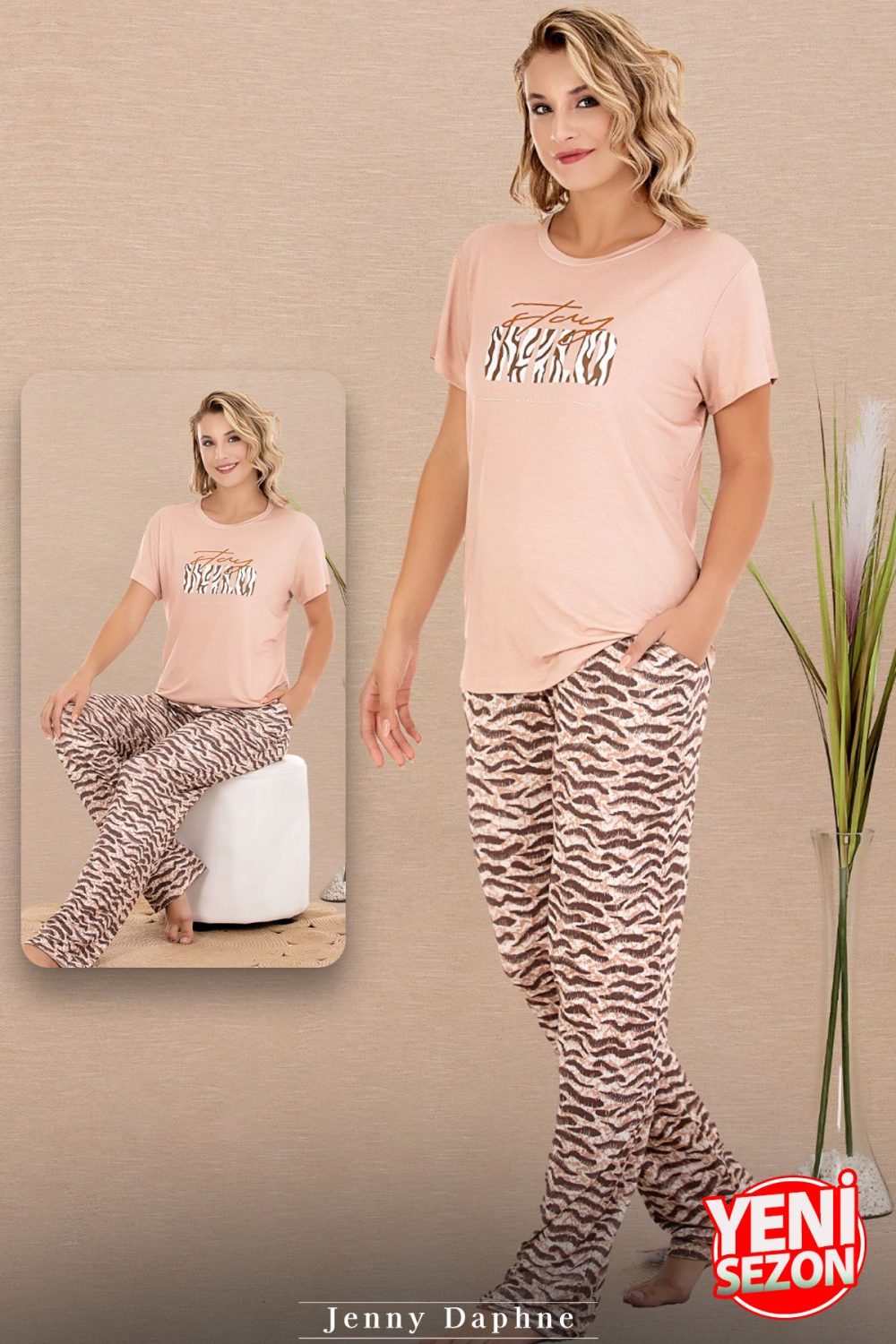 Lady Zebra Desenli Pijama Bisiklet Yaka Kısa Kollu Pijama Takımı 12595