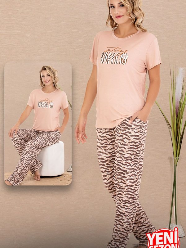 Lady Zebra Desenli Pijama Bisiklet Yaka Kısa Kollu Pijama Takımı 12595 - L