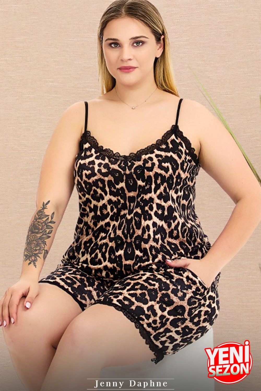 Lady büyük beden Leopar Desenli Şort İnce Askılı şortlu pijama takımı 10444 - Görsel 3
