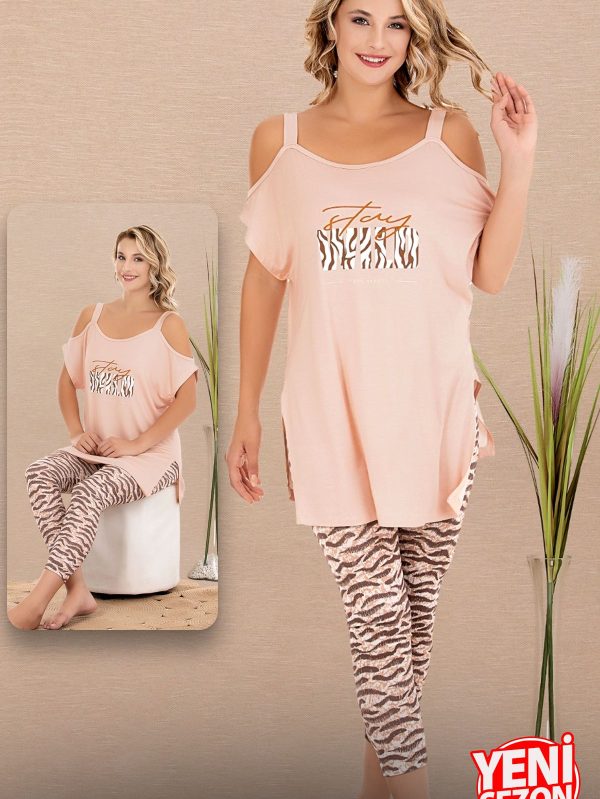 Viskon zebra desenli kapri askılı omuz detaylı kısa kollu rahat kesim kapri pijama takımı 12076 - XL
