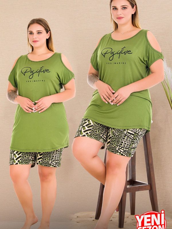 Lady büyük beden omuz tasarımlı kısa kollu baskılı şortlu pijama takımı 10429 - 4XL