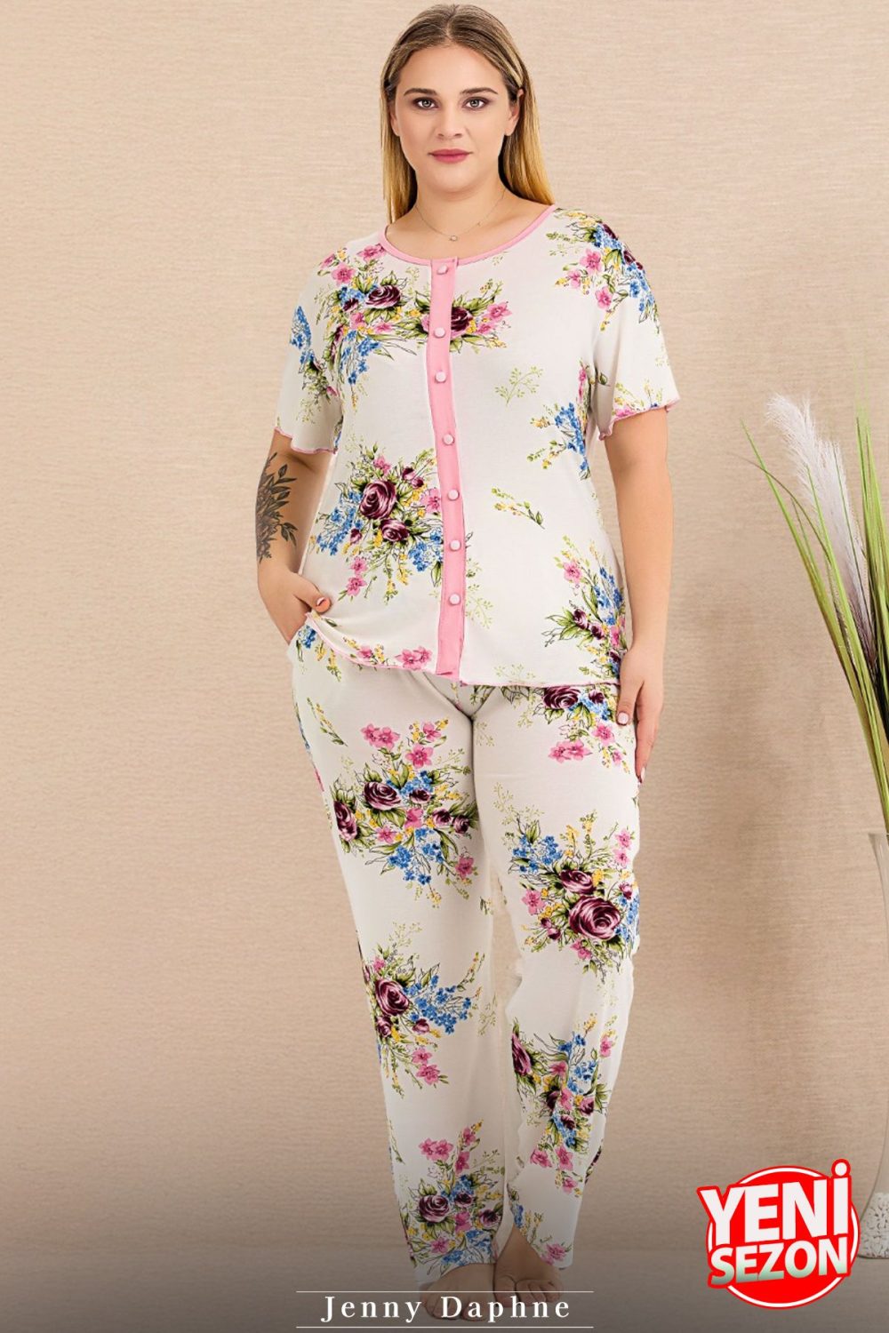 Lady Büyük Beden Gül Desenli Düğmeli Üst Kısa Kollu Pijama Takımı 11015 - Görsel 3