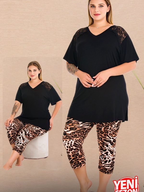 Büyük Beden Leopar Desenli V Yaka Dantelli Omuz Kısa Kollu Kapri Pijama Takımı 10730 - 2XL