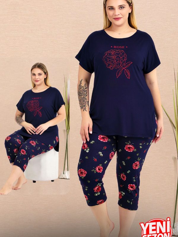 Büyük Beden Çiçek Desenli Lacivert Bisiklet Yaka Kısa Kollu Kapri Pijama Takımı 10735 - 4XL