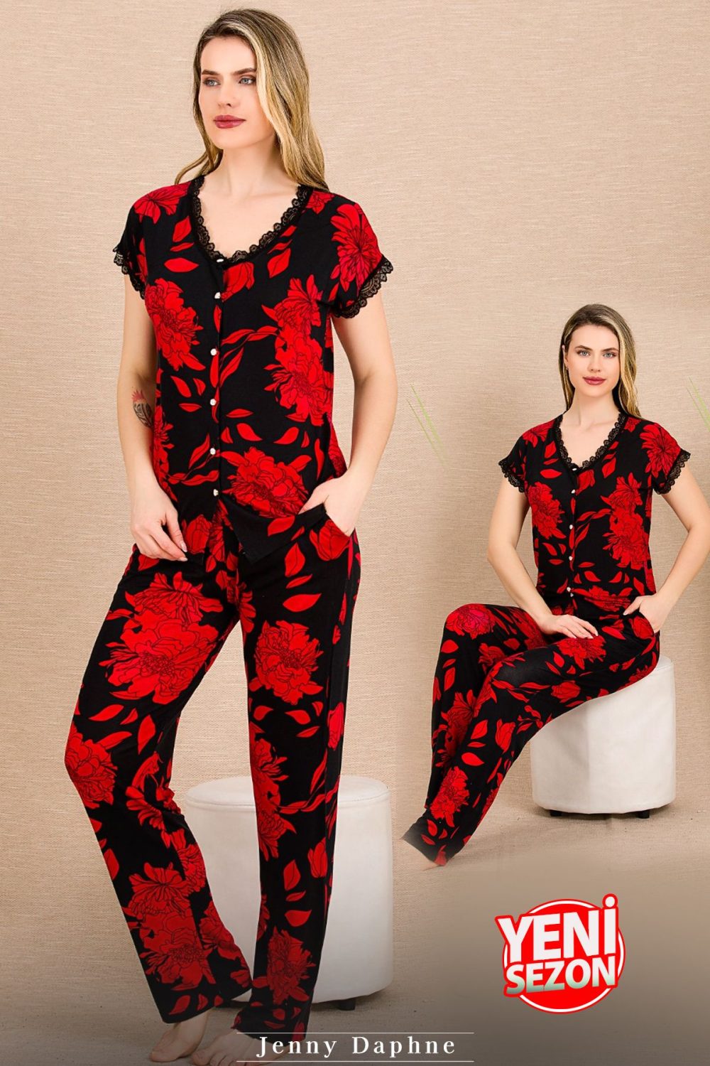 Lady Çiçek Desenli Kırmızı Pijama Yeni Sezon Kısa Kollu Pijama Takımı 12494