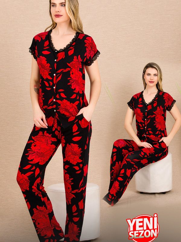 Lady Çiçek Desenli Kırmızı Pijama Yeni Sezon Kısa Kollu Pijama Takımı 12494 - XL