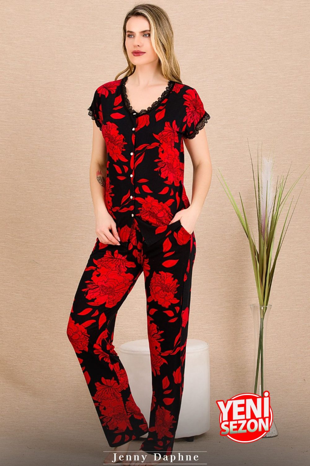 Lady Çiçek Desenli Kırmızı Pijama Yeni Sezon Kısa Kollu Pijama Takımı 12494 - Görsel 2