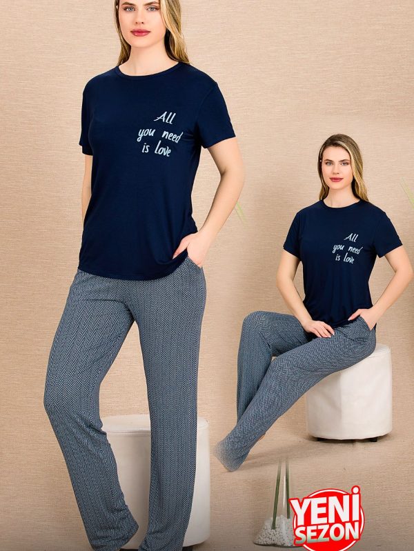 Lady Çizgi Desenli Pijama Yeni Sezon Kısa Kollu Pijama Takımı 12491 - L