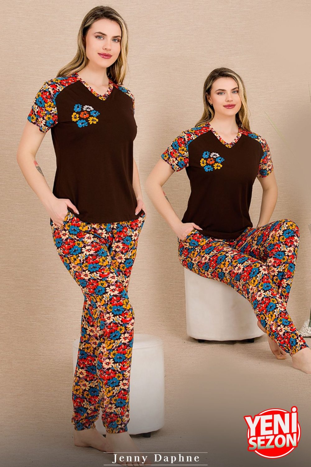 Lady Çiçekli Desenli Yeni Sezon Kısa Kollu Pijama Takımı 12487