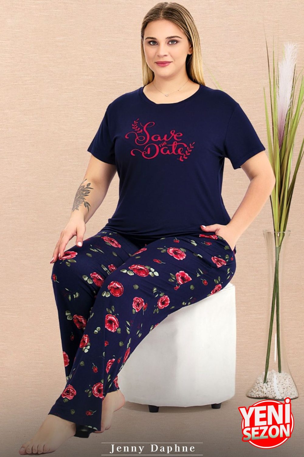 Lady Büyük Beden Lacivert Çiçek Desenli Pijama Bisiklet Yaka Kısa Kollu Pijama Takımı 11025 - Görsel 3