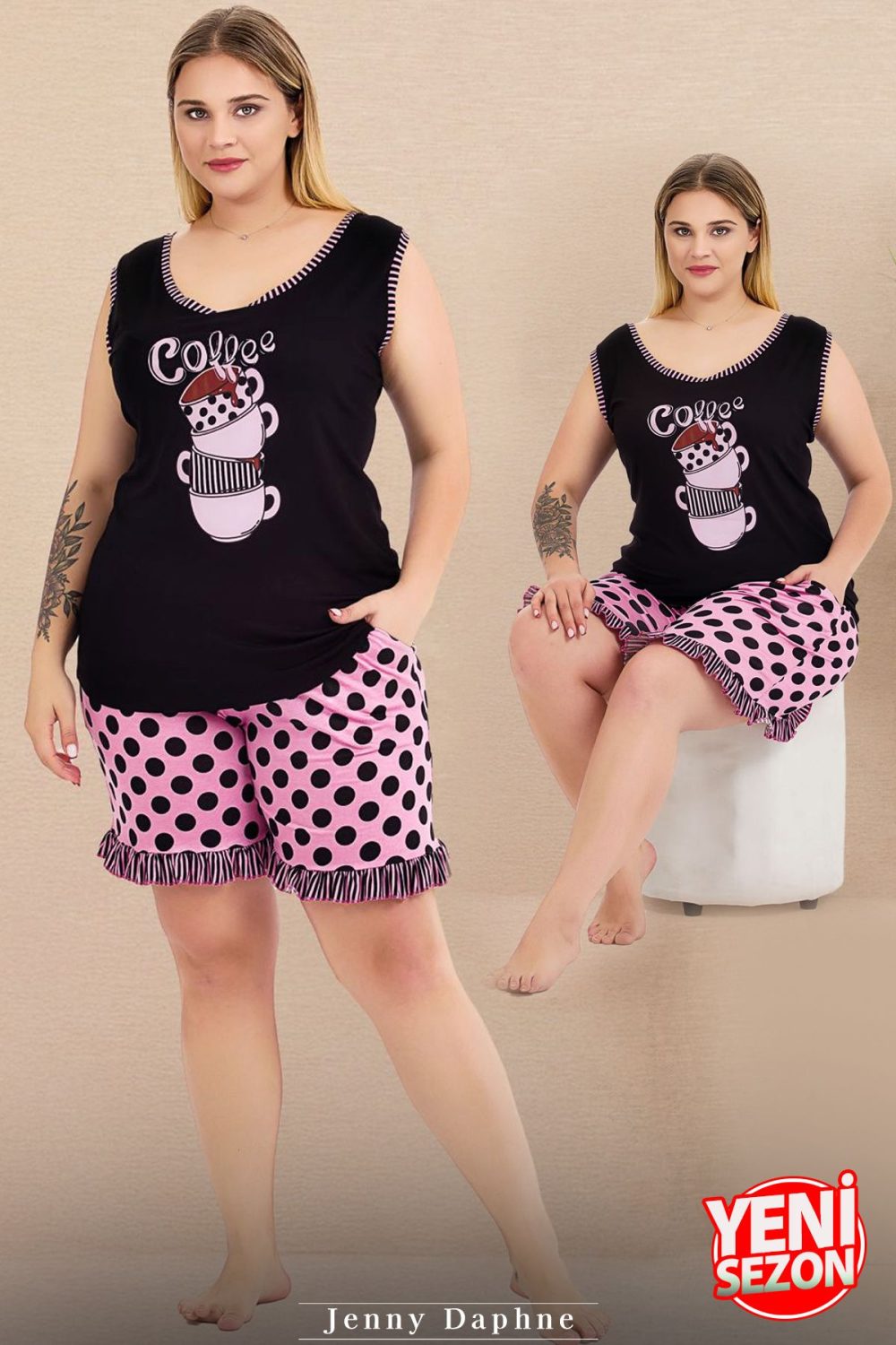 Lady büyük beden puantiyeli kolsuz bisiklet yaka baskılı şortlu pijama takımı 10431