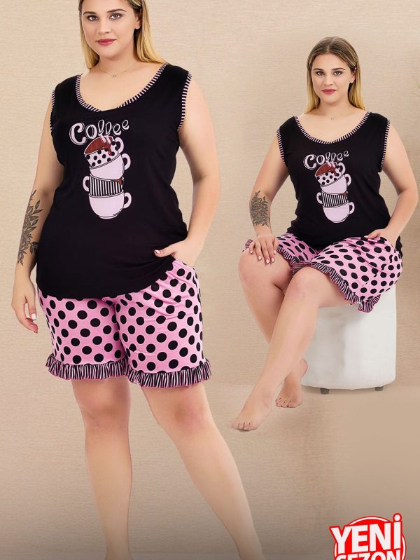 Lady büyük beden puantiyeli kolsuz bisiklet yaka baskılı şortlu pijama takımı 10431 - 4XL
