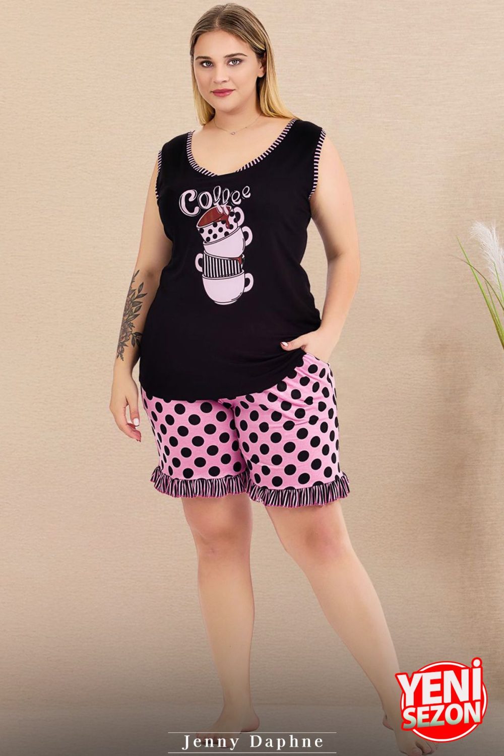 Lady büyük beden puantiyeli kolsuz bisiklet yaka baskılı şortlu pijama takımı 10431 - Görsel 3