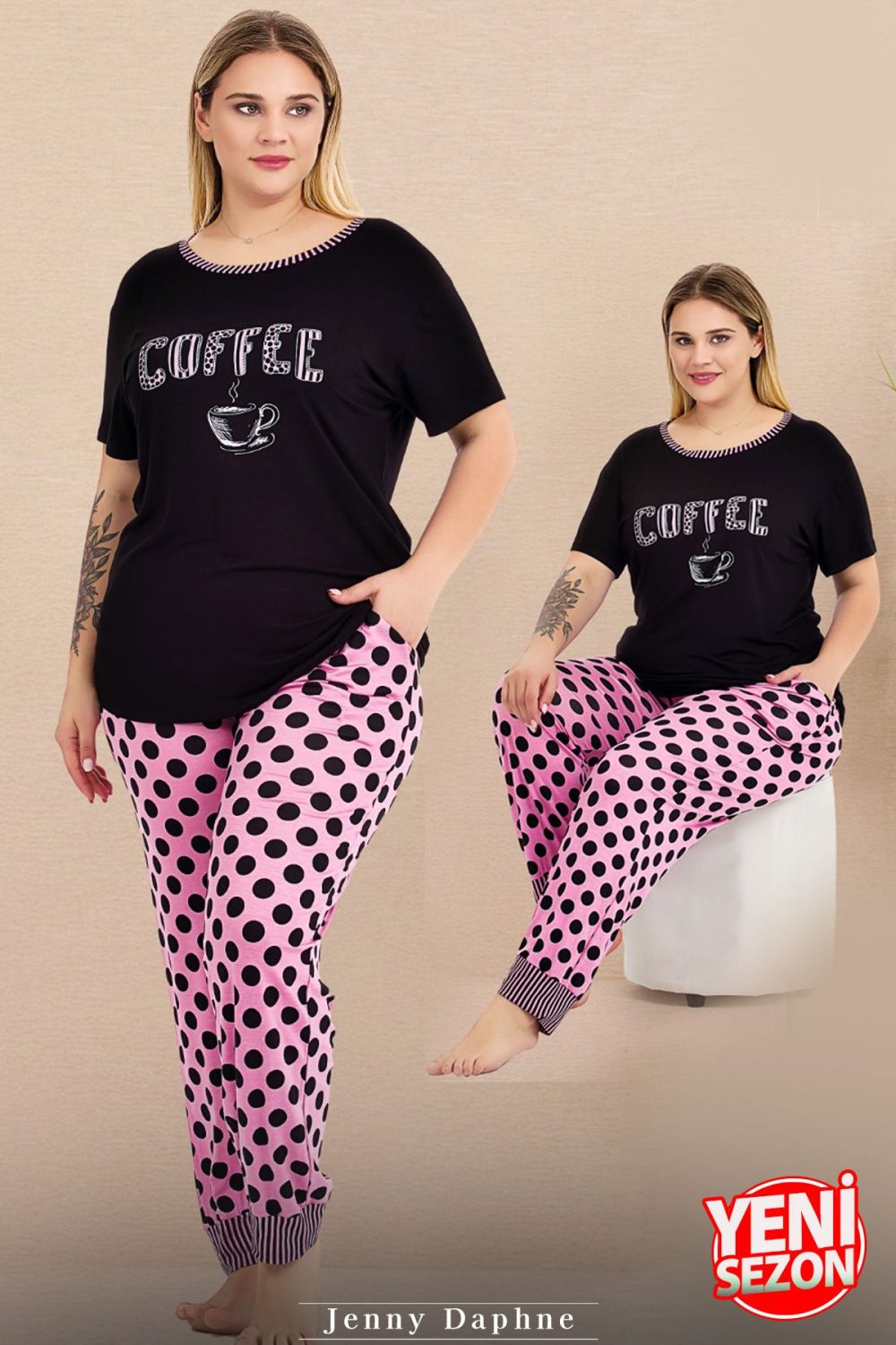 Lady Büyük Beden Puantiyeli Paça Detaylı Pijama Kısa Kollu Pijama Takımı 11004