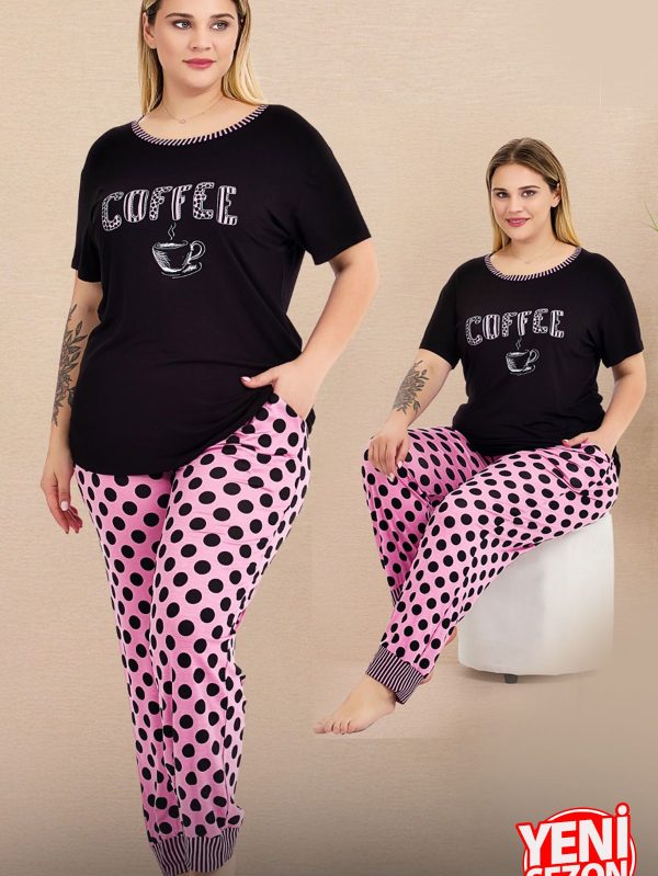 Lady Büyük Beden Puantiyeli Paça Detaylı Pijama Kısa Kollu Pijama Takımı 11004 - 2XL